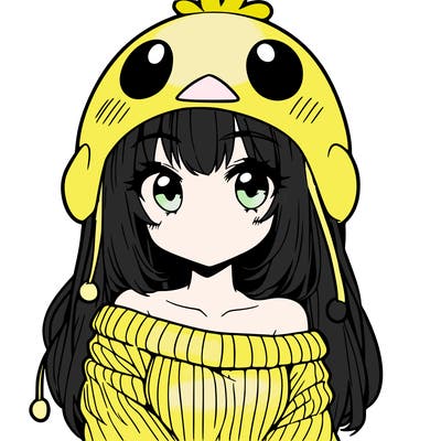 anime girl with chick shaped hat with sweater with bare shoulders with bangs covering them one eye with low tail