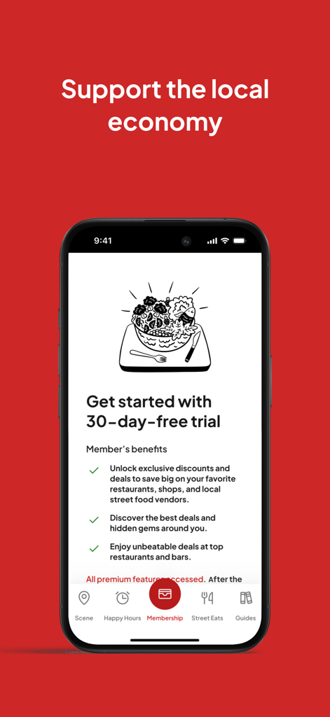 Saigon Scene - Saigon Scene app membership page offering a 30 day free trial for local discounts