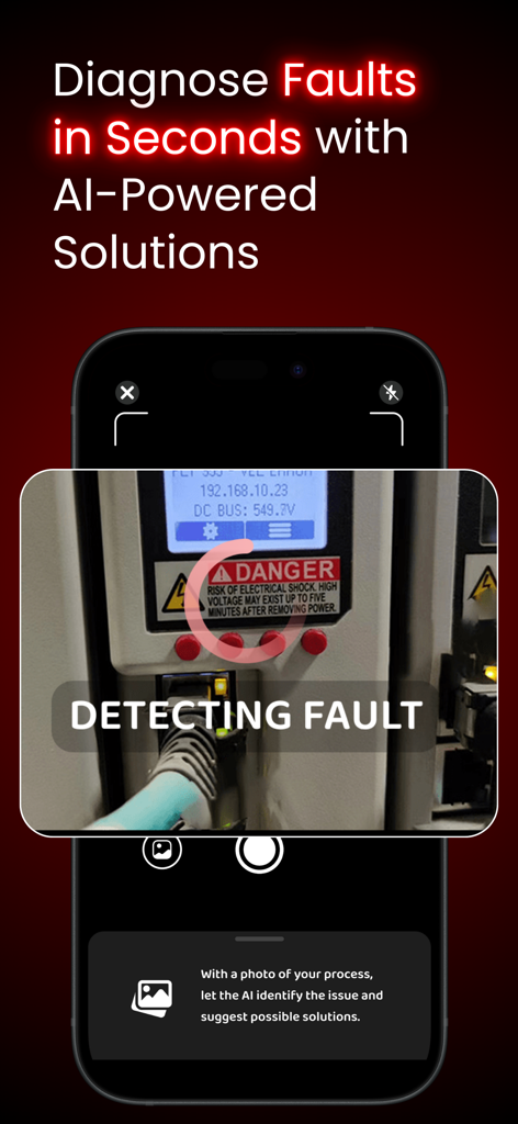 Herramienta de diagnóstico de fallos de PLC impulsada por IA escaneando equipos industriales en busca de errores