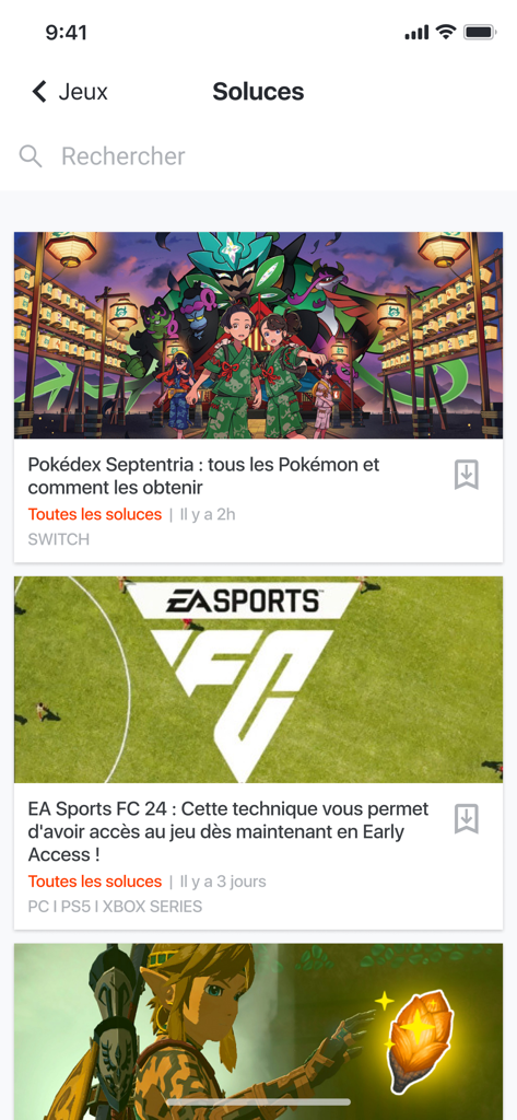 Un elenco di guide e walkthrough di videogiochi sull'app mobile Jeuxvideo.com, inclusi titoli per Pokemon e EA Sports FC 24