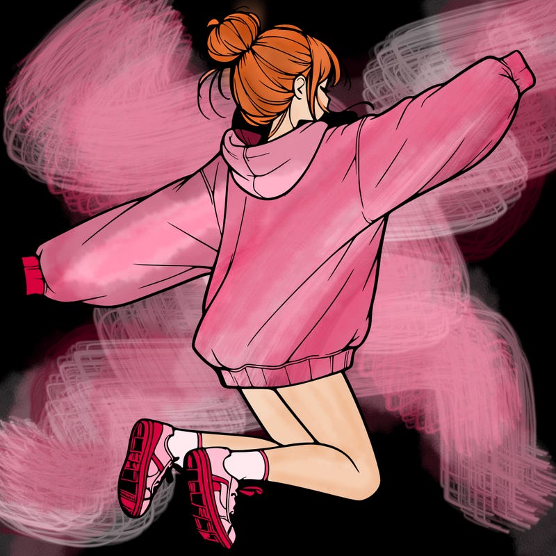realistic girl jumping with a bun and oversized sweatshirt