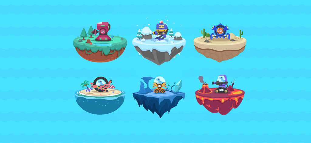 Six îles flottantes avec différents méchas et robots du jeu éducatif Dinosaur Coding 2.