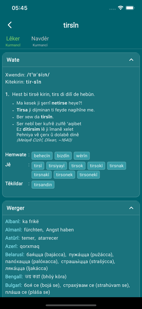 Oberfläche der kurdischen Wörterbuch-App Wikiferheng, die eine Wortdefinition und Übersetzungen in mehrere Sprachen zeigt