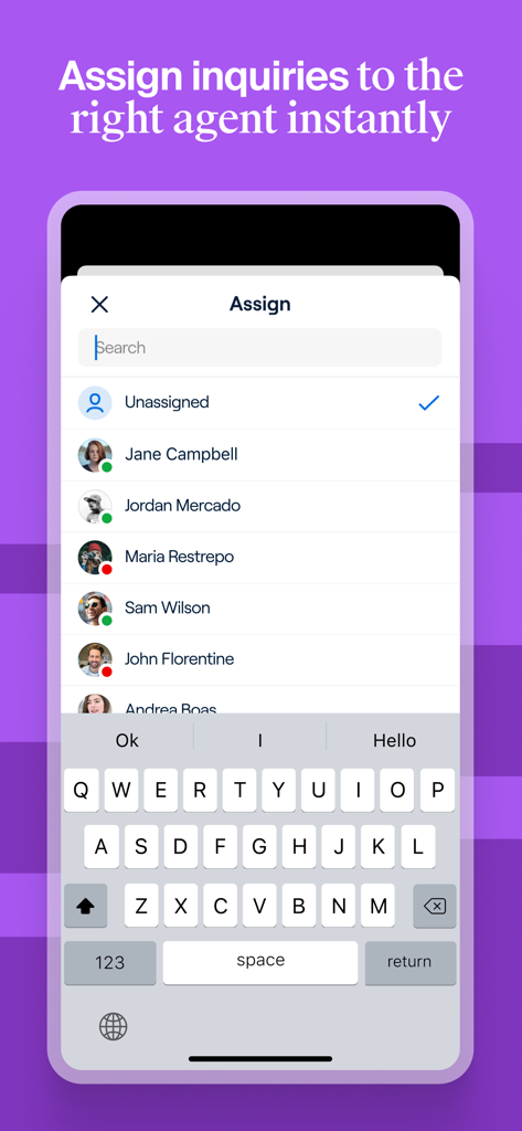 FrontApp mobile app interface for assigning inquiries to team agents