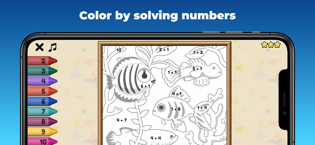 King of Math Jr 2 - Educational math game screen showing a color-by-numbers activity with addition problems on fish illustrations and a set of colored crayons.
