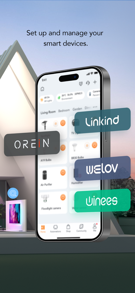 AiDot app on a smartphone showing a dashboard for managing smart home devices and appliances.