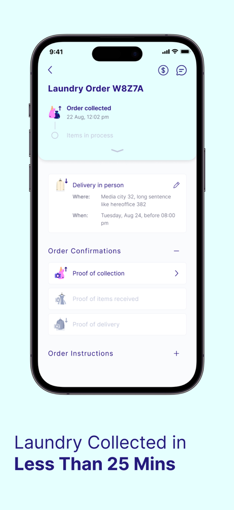Washmen & The Finery - A mobile app interface for Washmen and The Finery showing real time laundry order tracking and collection details