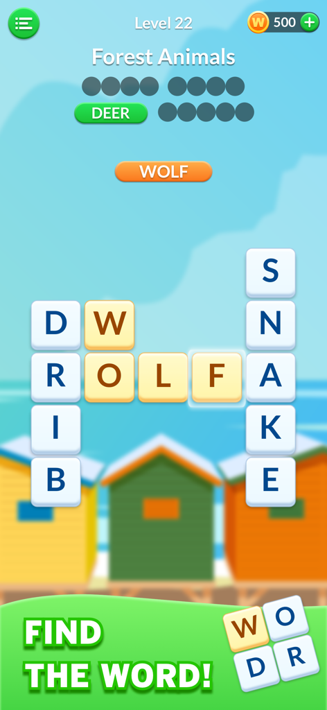 Word Blast: Search Puzzle Game - 편안한 해변 배경과 숲 동물 단어가 특징인 Word Blast 검색 퍼즐의 모바일 게임 플레이
