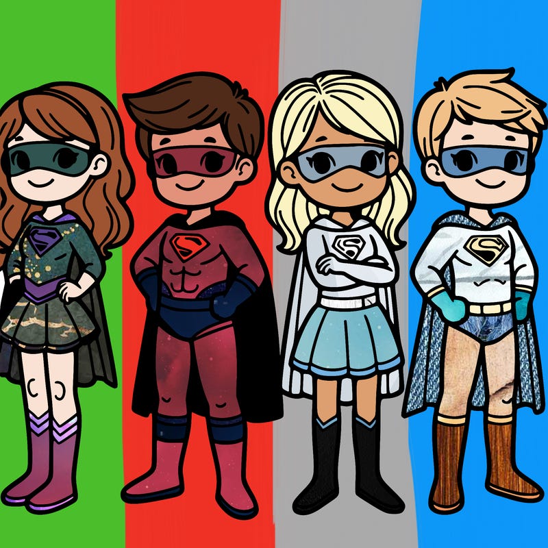 four superhero kids two of them are girls and two of them are boys