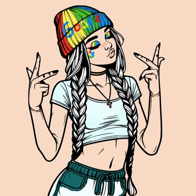 realistic teenage girl with braids and a beanie and crop top doing 🫶🏼