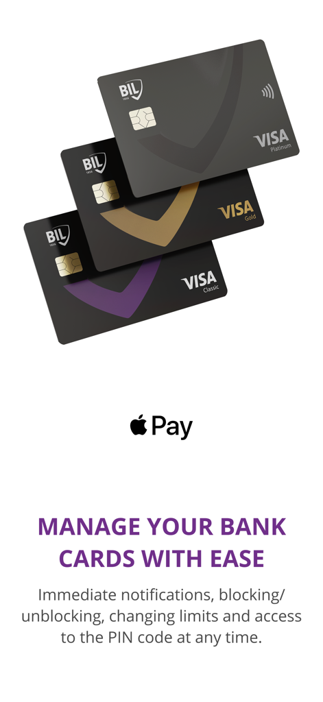 Pantalla de la aplicación BILnet que muestra las tarjetas Visa Platinum Gold y Classic con soporte Apple Pay y funciones de gestión de tarjetas