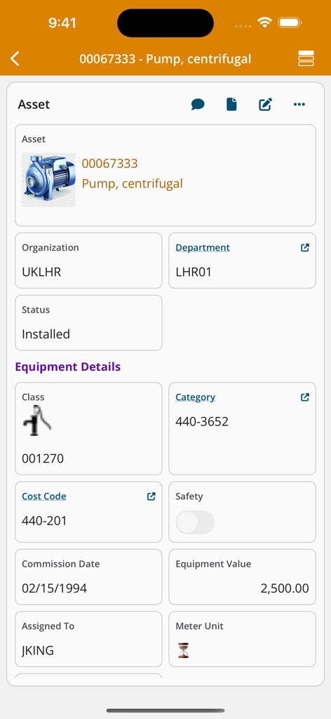 A mobile interface of the HxGN EAM Digital Work app displaying asset information and equipment details for a centrifugal pump.