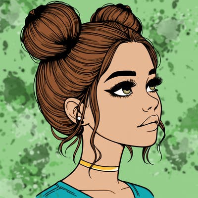realistic girl with buns on the top of her head