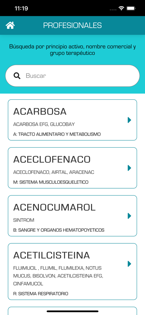 Deglufarm - Deglufarm app interface showing a searchable list of medications for healthcare professionals