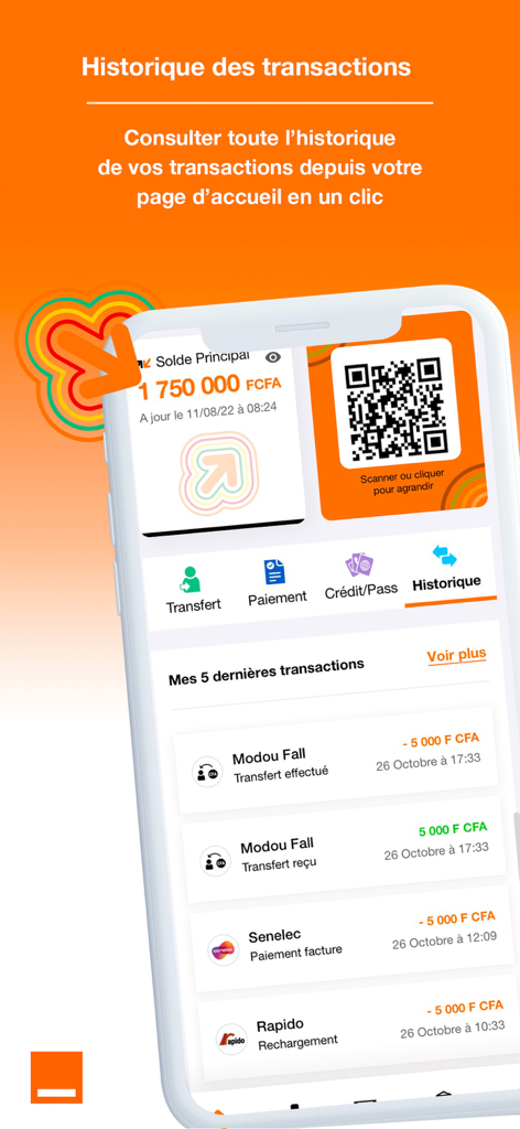 Transaction history screen of Orange Money Senegal app showing recent payments and balance