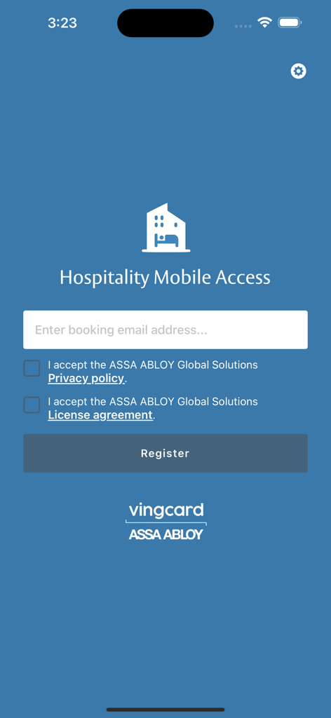 Pantalla de registro de la aplicación Hospitality Mobile Access que cuenta con un campo de entrada de correo electrónico y un botón de registro.