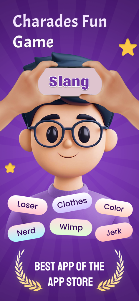 A 3D character holding a smartphone to their forehead playing a charades game with words like slang and nerd on a purple background.