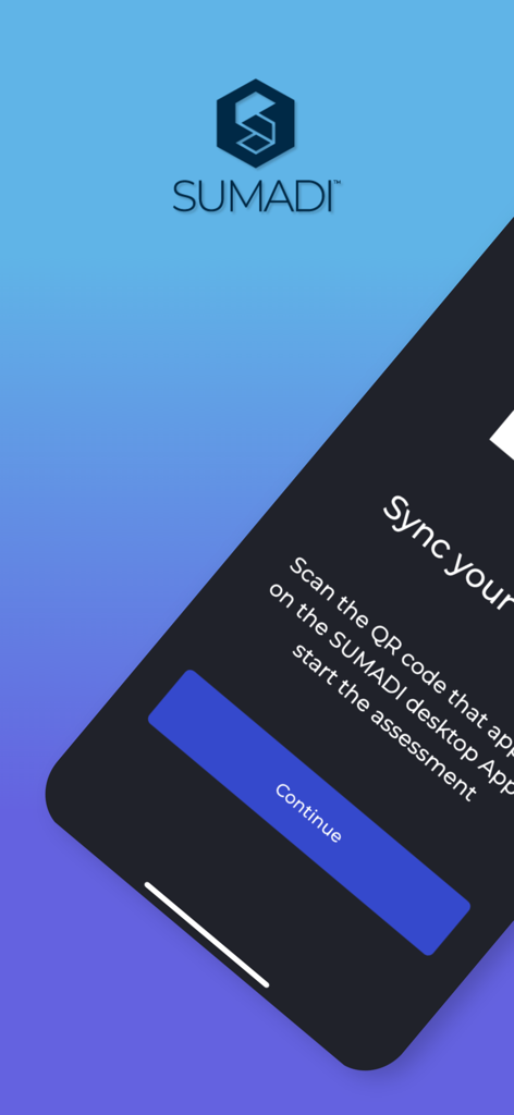 SUMADI - Sumadi mobile app screen showing instructions to sync with a desktop application via QR code for exam proctoring