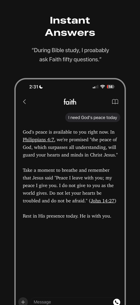 AI chat interface in the Faith Bible app providing spiritual guidance and scripture