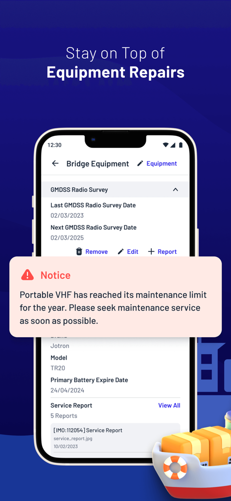 My Ship Info - Aplicación móvil My Ship Info que muestra una alerta de mantenimiento de equipo para una radio VHF portátil con estado de reparación y fechas de inspección.