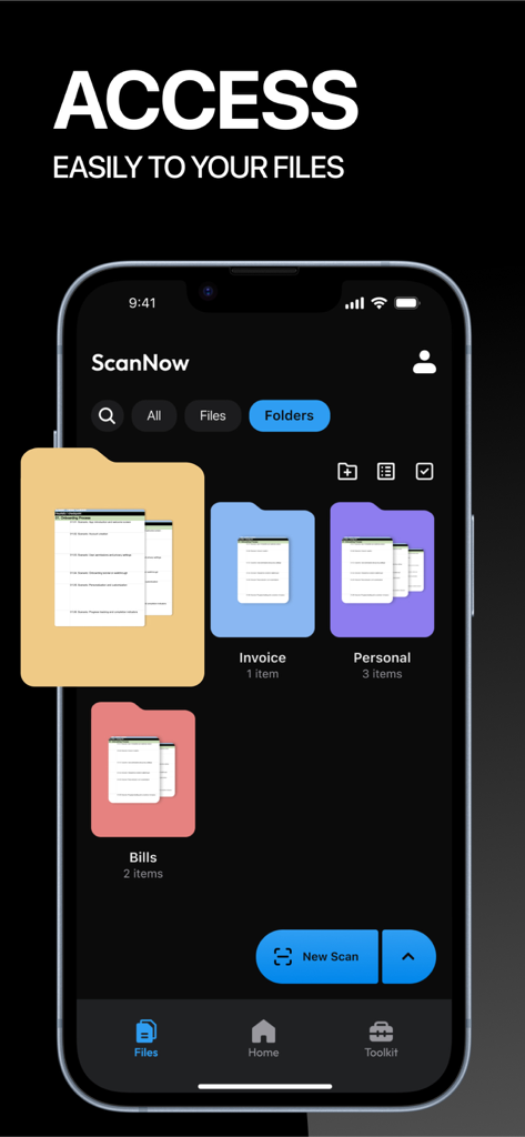 ScanNow app interface showing organized digital folders for files like invoices and bills