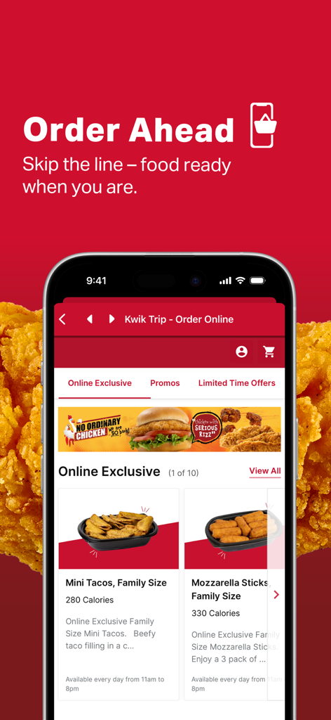Kwik Rewards - Smartphone screen showing the Order Ahead feature of the Kwik Rewards app with a menu of hot food items like mini tacos and mozzarella sticks.