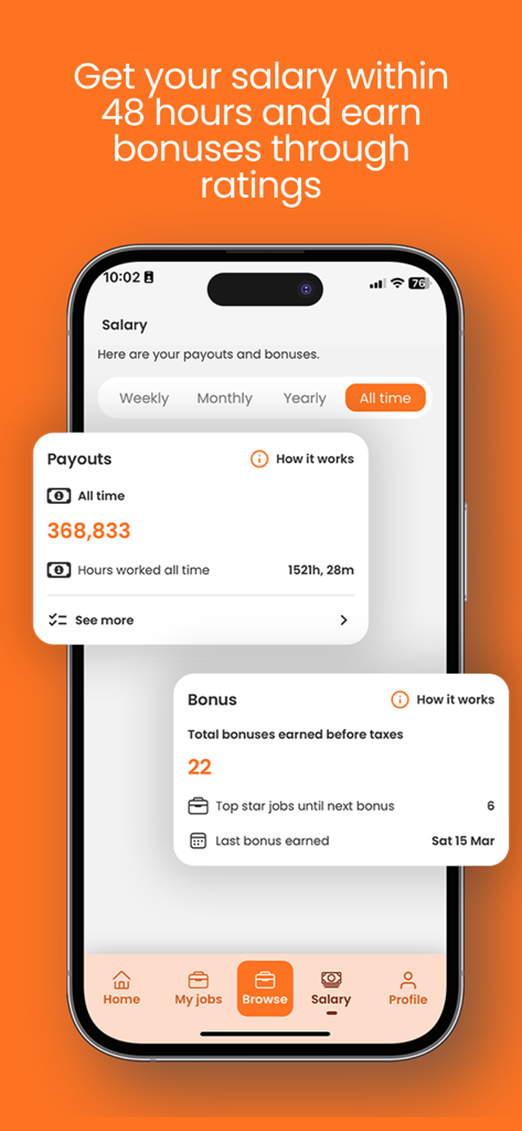 Time2Staff - Un écran de smartphone de l'application Time2Staff affichant la section salaire et bonus avec les détails de paiement et les primes gagnées.