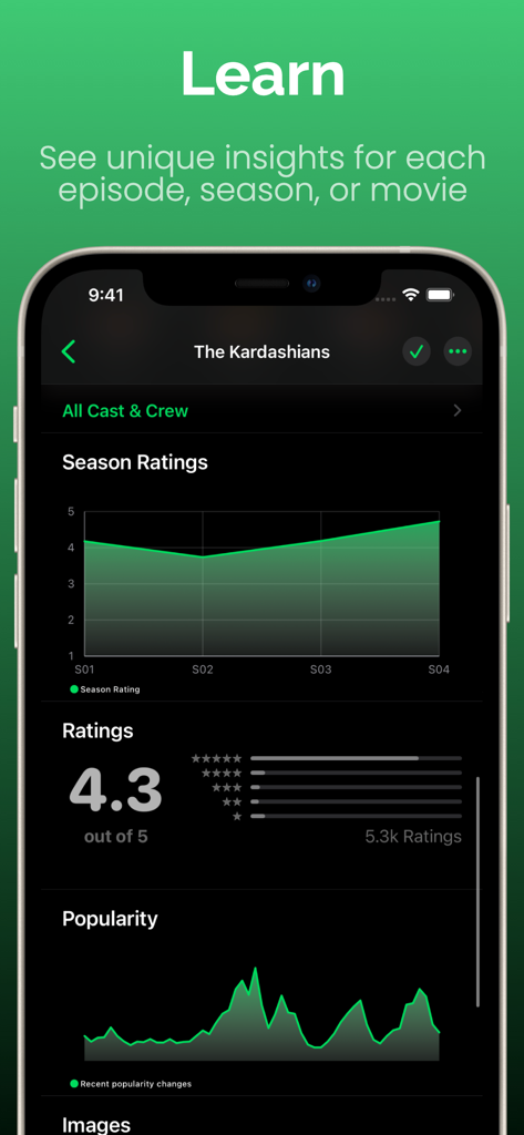 Originals for Hulu - Pantalla de la aplicación móvil que muestra las calificaciones de temporada y las tendencias de popularidad de un programa original de Hulu