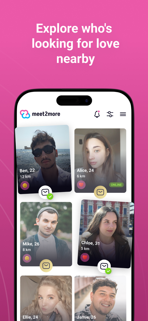 Mobile phone screen showing the meet2more app with dating profiles of nearby people