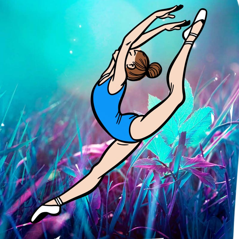 gymnast doing a leap in a leotard with a bent back leg