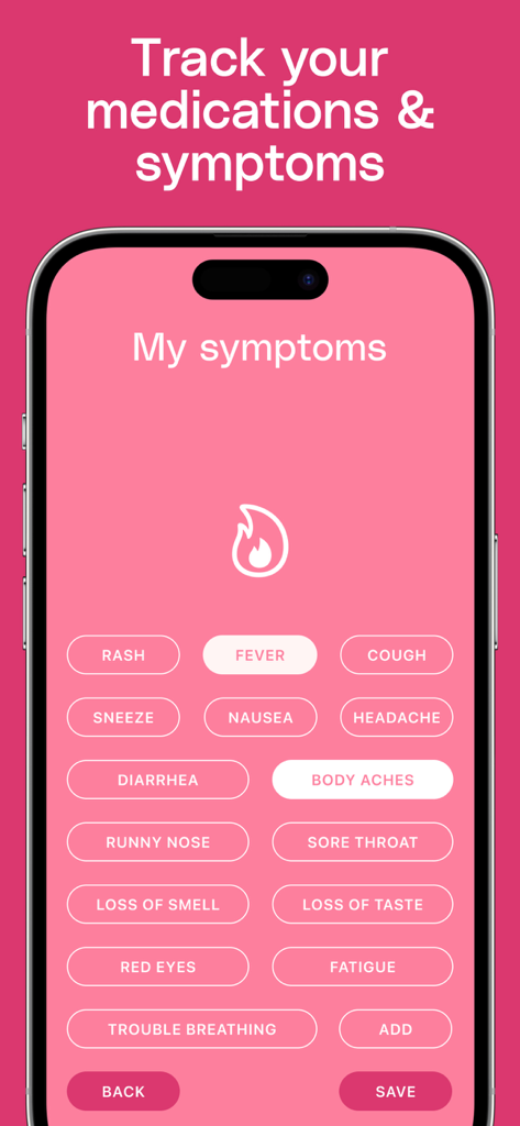 Body Temperature App For Fever - Pantalla de aplicación móvil que muestra varias opciones de seguimiento de síntomas como fiebre, tos y dolor de cabeza