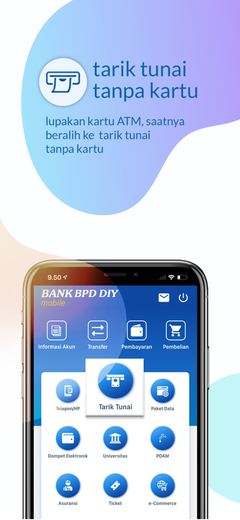 BPDDIY Mobile - The BPDDIY Mobile app interface highlighting the cardless cash withdrawal feature in Indonesian.