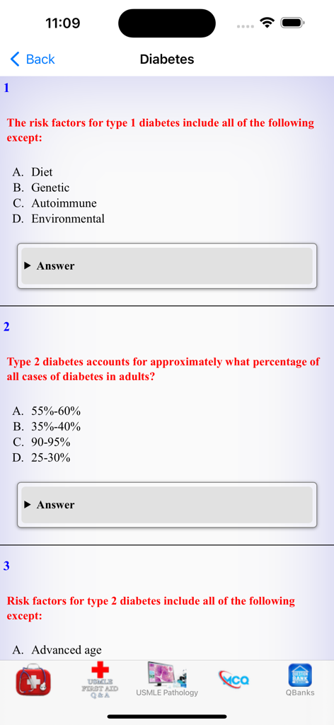 USMLE STEP 1 QUESTION BANK - A mobile app screen showing USMLE Step 1 multiple choice questions about diabetes risk factors and prevalence with expandable answer sections.