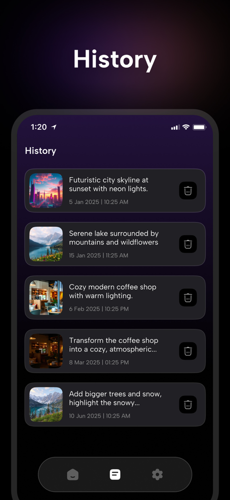 Interface of the Flux Kontext app showing a history list of AI generated images and text prompts