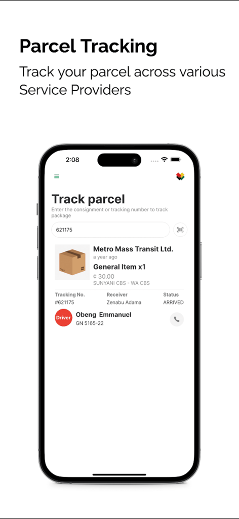 Tap n' Go - Commute in Ghana. - Interface of the Tap n' Go app showing parcel tracking details and status