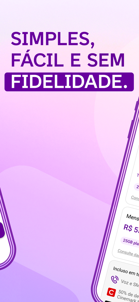 Vivo Easy Internet, App e Voz - Vivo Easy App-Bildschirm mit Text über einfache und vertragsfreie digitale Mobilfunktarife