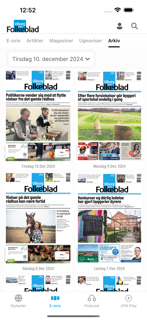 Digital newspaper archive screen in the Viborg Stifts Folkeblad app showing various dated editions