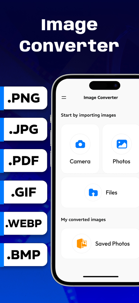 Image converter JPG, PNG, JPEG - Image converter app interface showing options to import and convert photos to JPG PNG and PDF formats