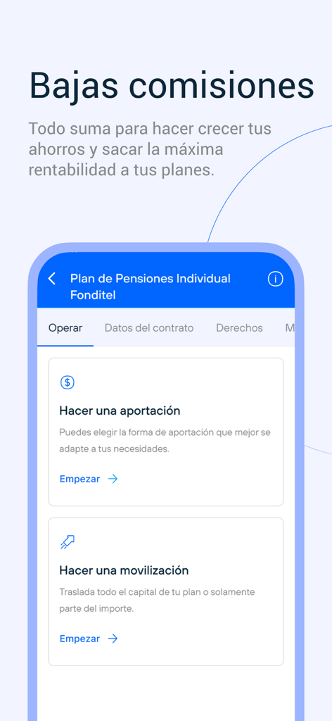 Interface da aplicação móvel Fonditel mostrando opções para contribuições e transferências de planos de pensão individuais.