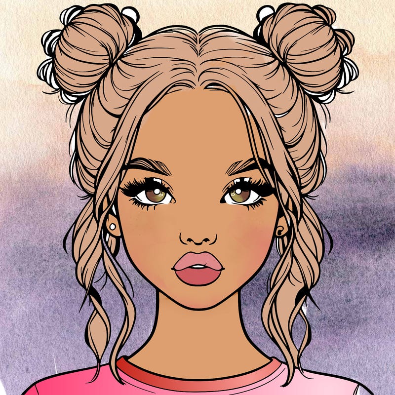 realistic girl with two buns in hair and lips