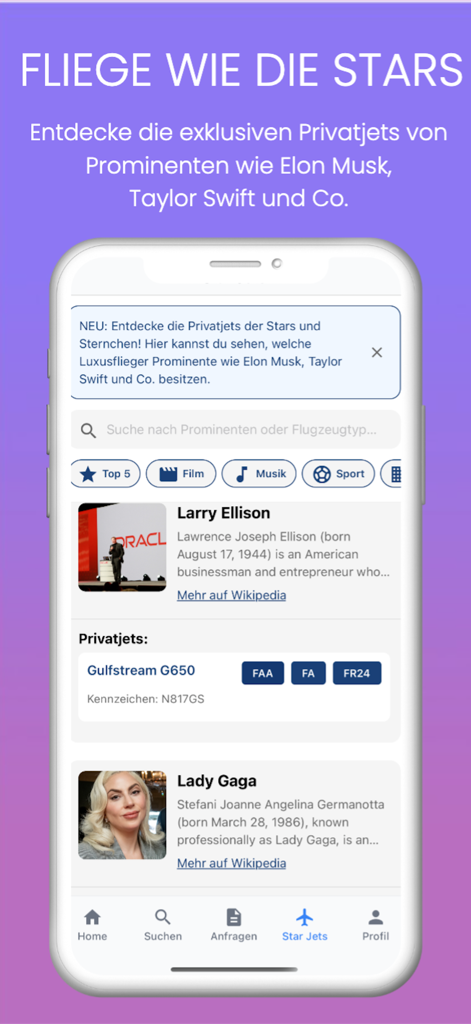 The PrivJet app Star Jets feature displaying private jet tracking information for celebrities like Larry Ellison and Lady Gaga.