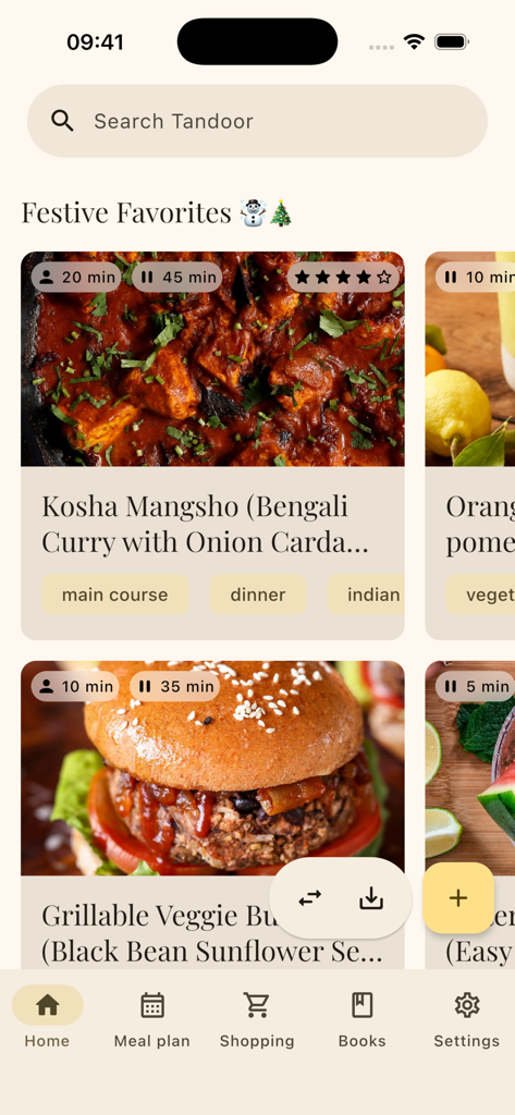 kitshn (for Tandoor) - A mobile app interface for kitshn showing various food recipes and a search bar for Tandoor