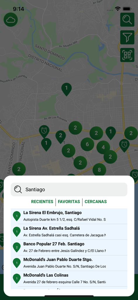 Evergo app map interface showing electric vehicle charging station locations in Santiago with a search list