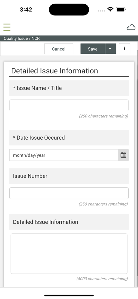 InEight mobile app interface showing a quality issue and non-conformance report form for field data entry