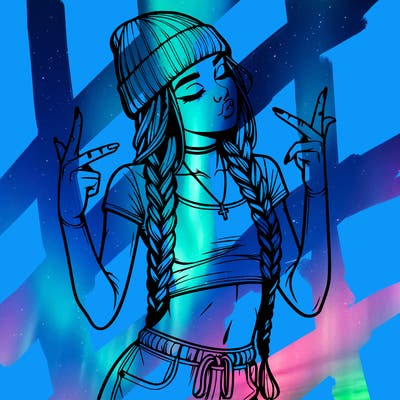 realistic teenage girl with braids and a beanie and crop top doing 🫶🏼