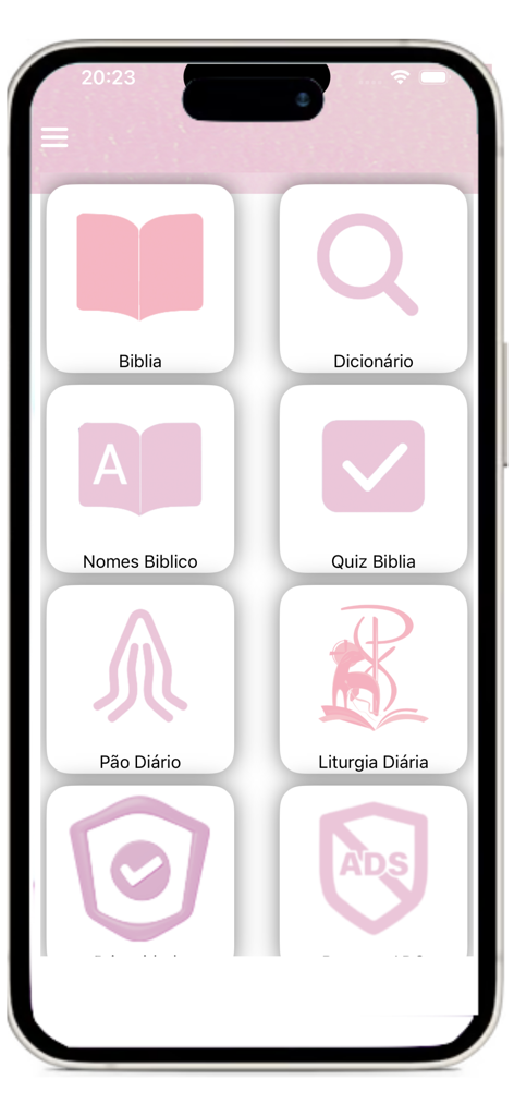 Biblia Católica  - Ave Maria - Menú principal de la aplicación Biblia Católica Ave Maria para mujeres con iconos para herramientas de estudio bíblico y liturgia diaria