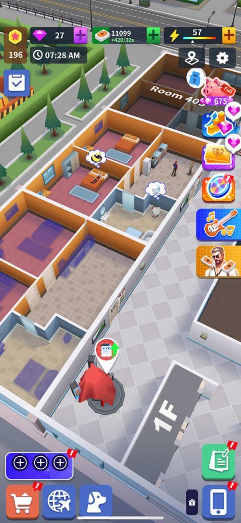 Isometric view of an apartment building layout in Idle Landlord Sim showing room upgrades and tenant activities