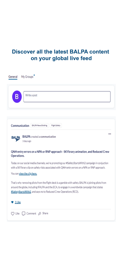 BALPA PORTAL APP - Global live feed in the BALPA Portal App featuring pilot industry news and communications