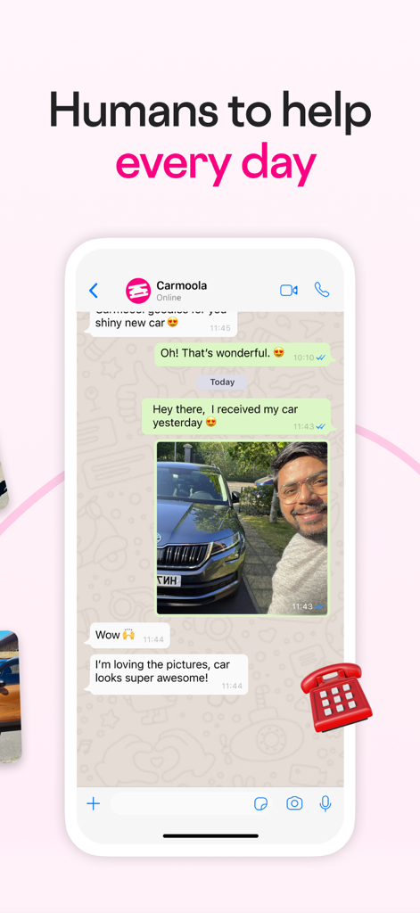 A mobile screen showing the Carmoola app chat interface with a customer sharing a photo of their new car and the headline Humans to help every day