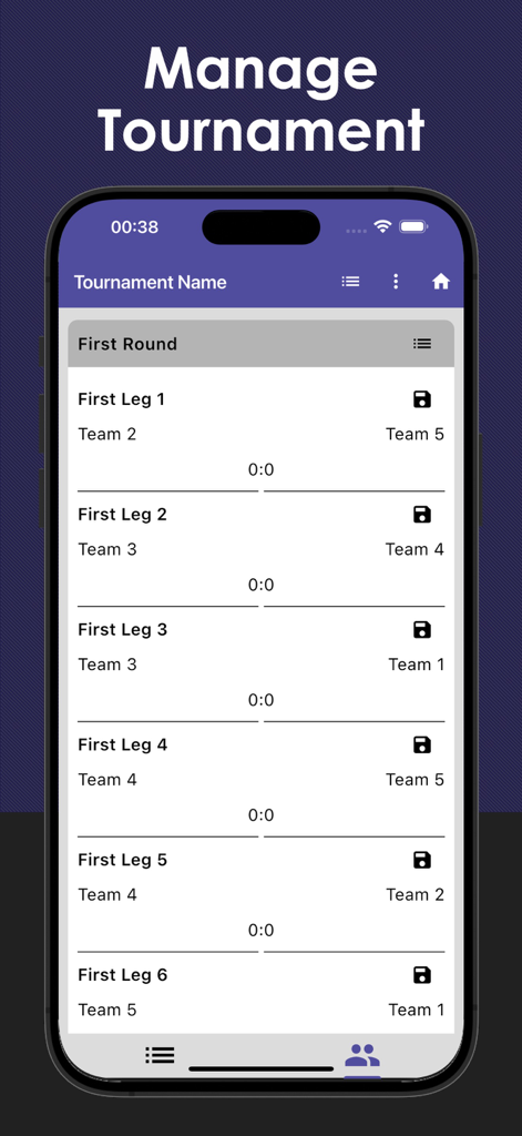 Captura de pantalla de la aplicación Gestor de Competiciones y Torneos que muestra una lista de partidos de la primera ronda con nombres de equipos y puntuaciones.